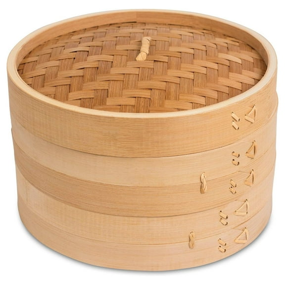 Drevy 10 Inch Bamboo Steamer for Cooking Vegetables and Dumplings - Classic Traditional 2 Tier Design - Healthy Food Prep - Great for Dim Sum, Chicken, Fish, Veggies - Steam Basket - Natural