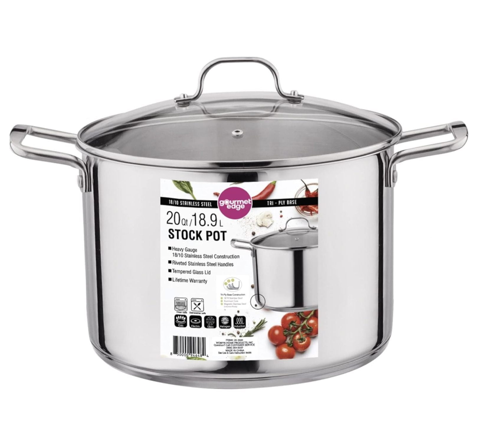 20 Quart Stainless Steel Stock Pot with Glass Lid