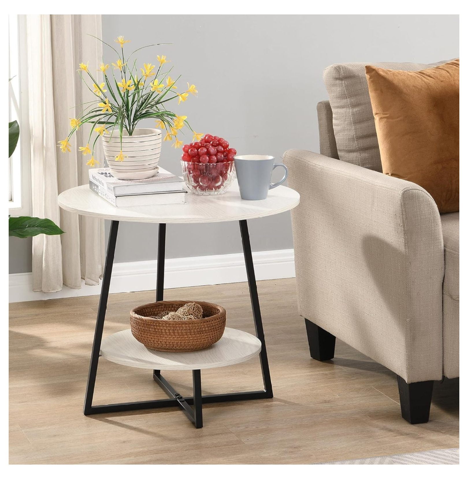 Drevy 22" Small Tall Round Accent End Tables Living Room Set, Wood Side