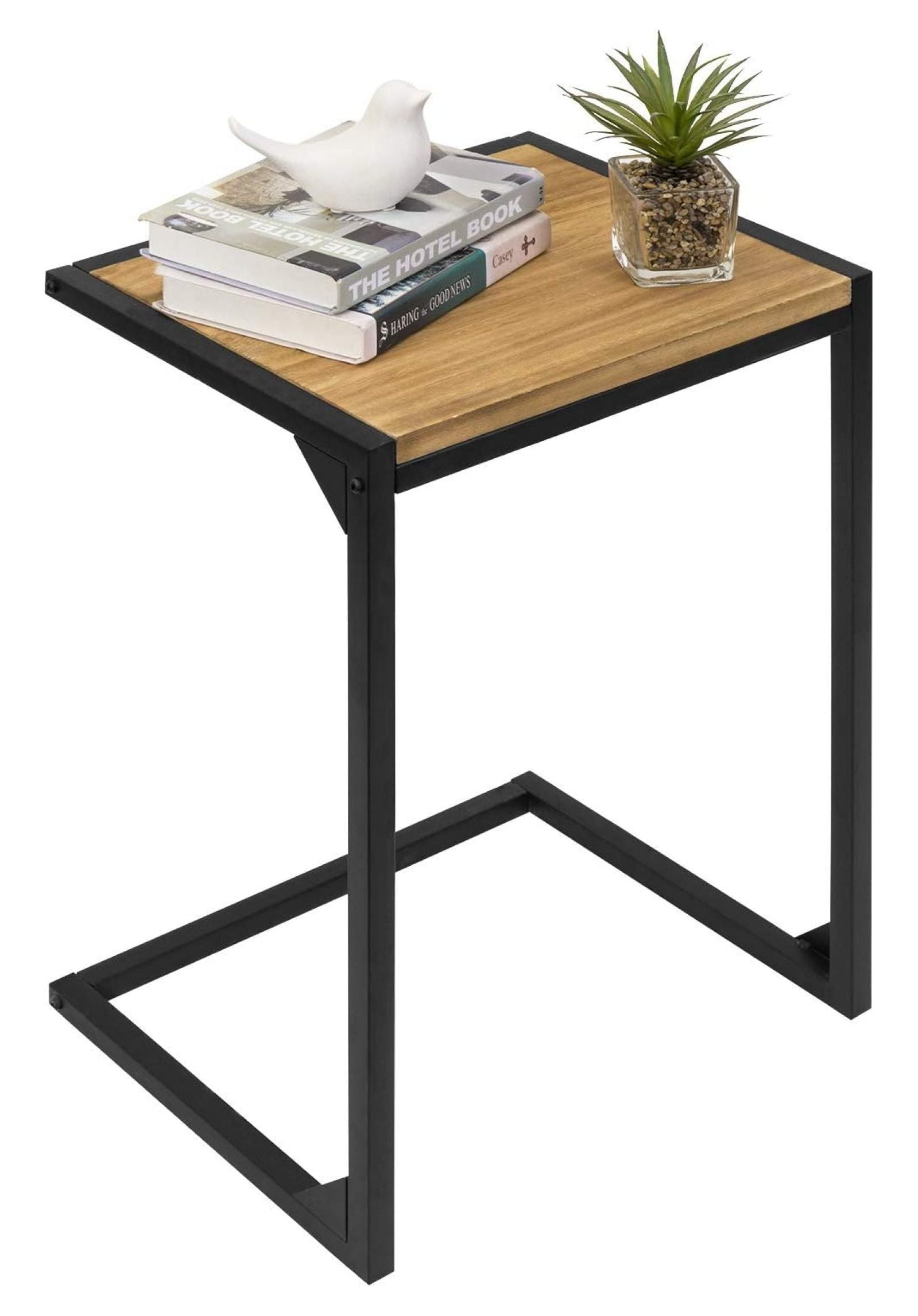 Drevy 24 Inch Tall Rustic Burnt Natural Wood C Shaped End Table with