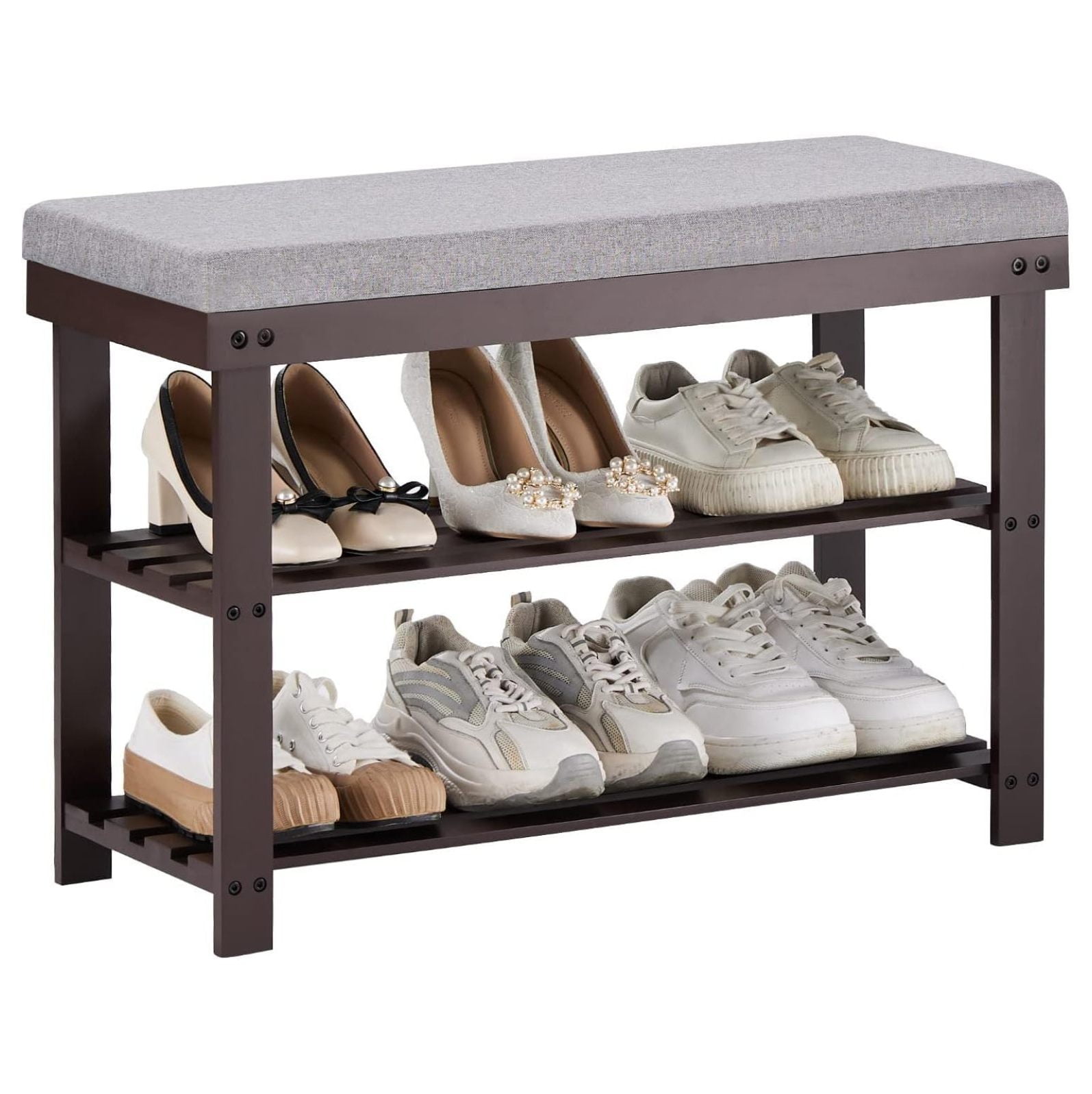 Drevy 3-Tier Shoe Rack for Entryway, Bamboo Shoe Bench with Cushion ...