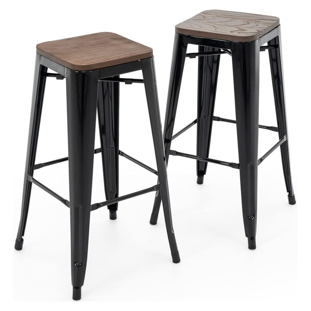 Drevy 30 Inch Metal Bar Stools with Square Wood Seat Top, Backless ...