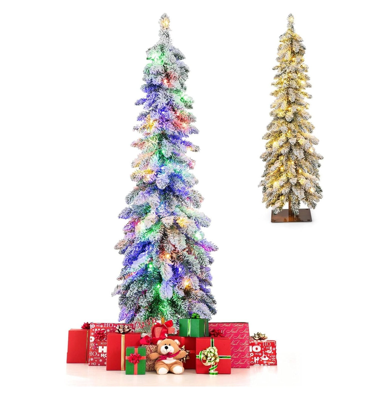 Drevy 4 FT PreLit Artificial Christmas Tree, Snow Flocked Slim Pencil