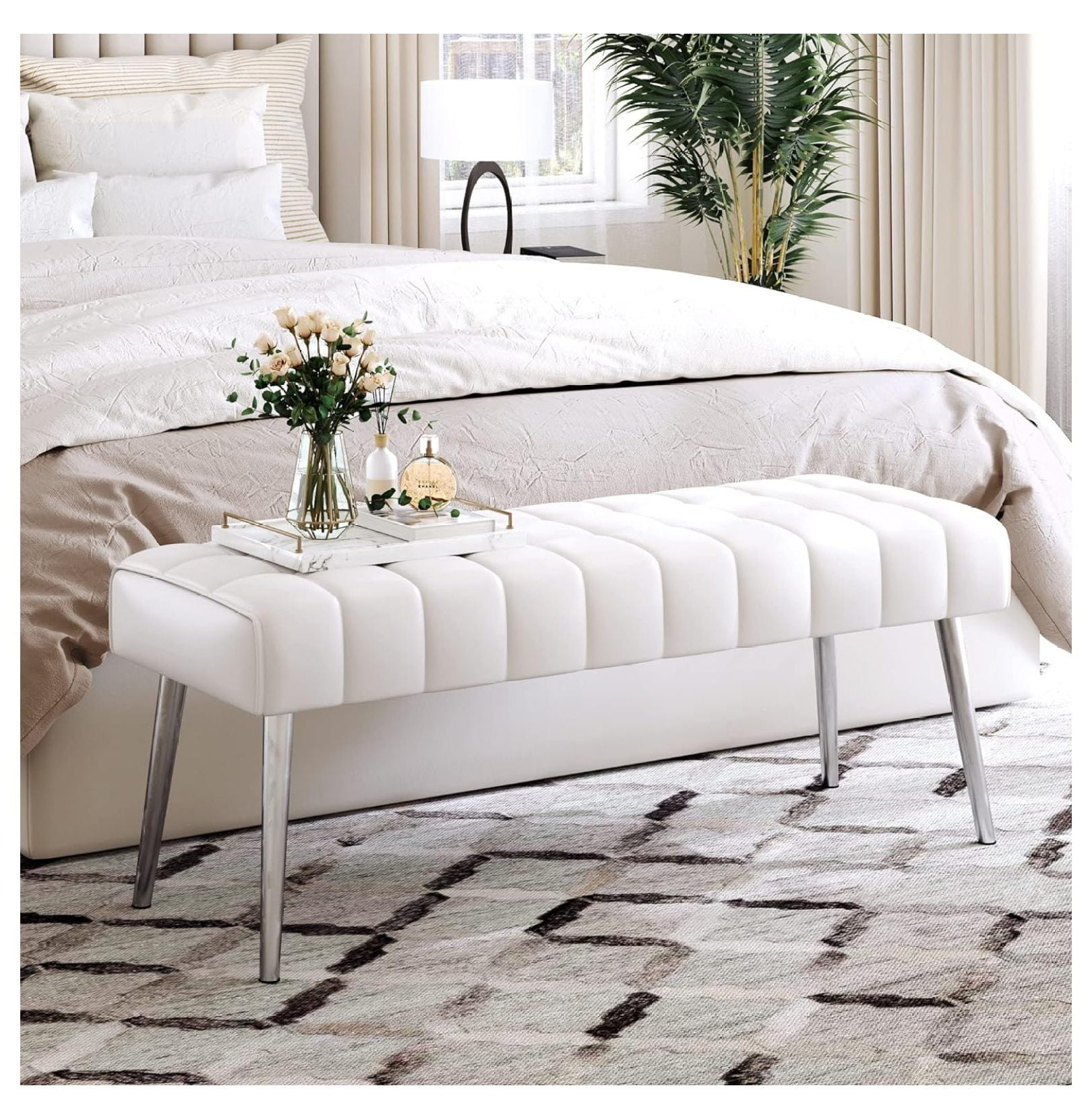 White Faux Leather Bedroom Bench with Metal Legs