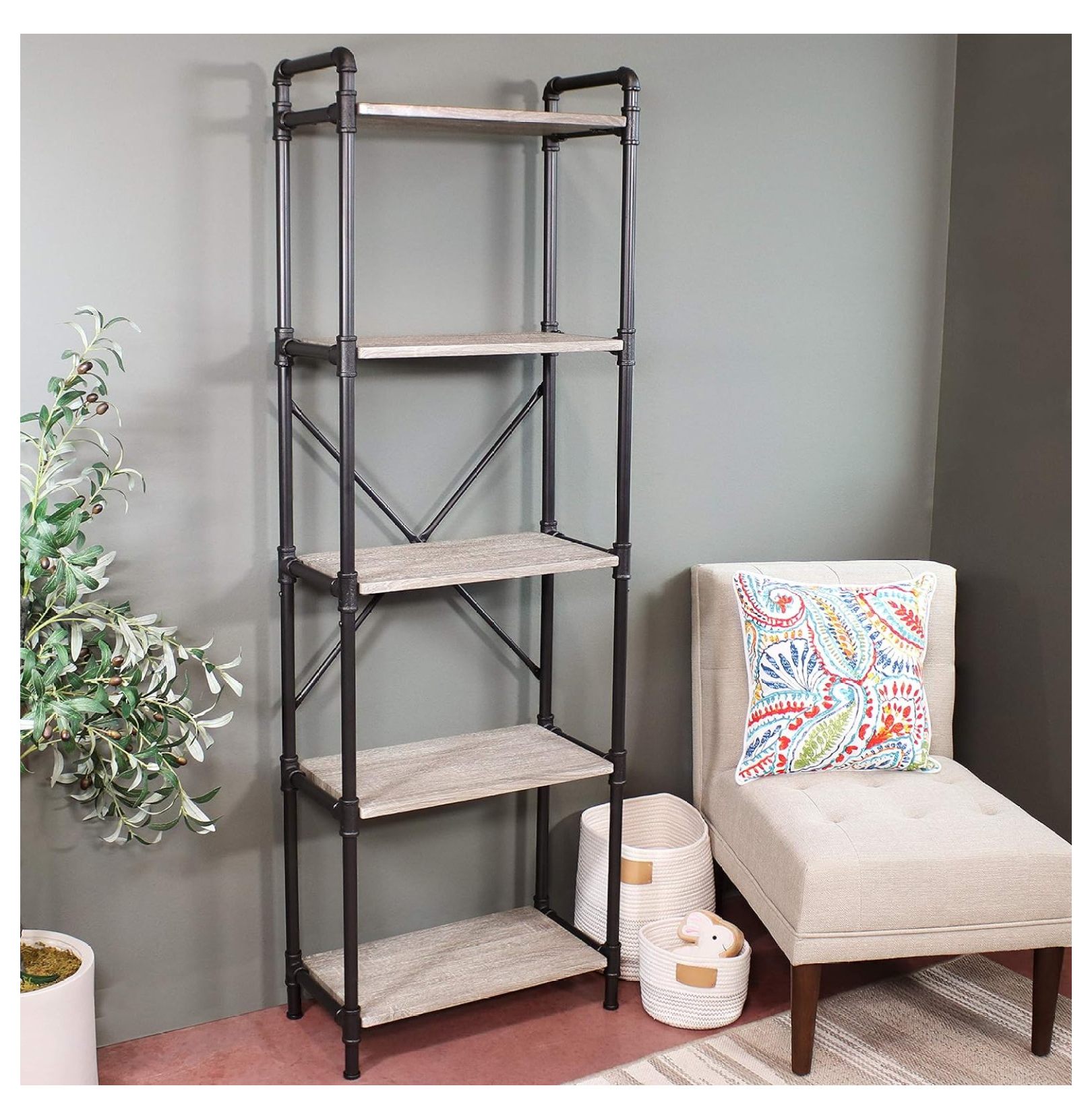 Drevy 5Tier Freestanding Industrial Bookshelf for Living Room Black