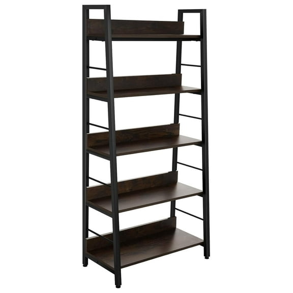 Drevy 5 tier Book Shelf, Rustic Industrial Ladder Bookshelf Open Wood Metal Accent Bookcase, Dark Brown Farmhouse 28'' Wide 59''Tall Shelves, Morden Ladder Shelf for Living Room, Bedroom, Home Office