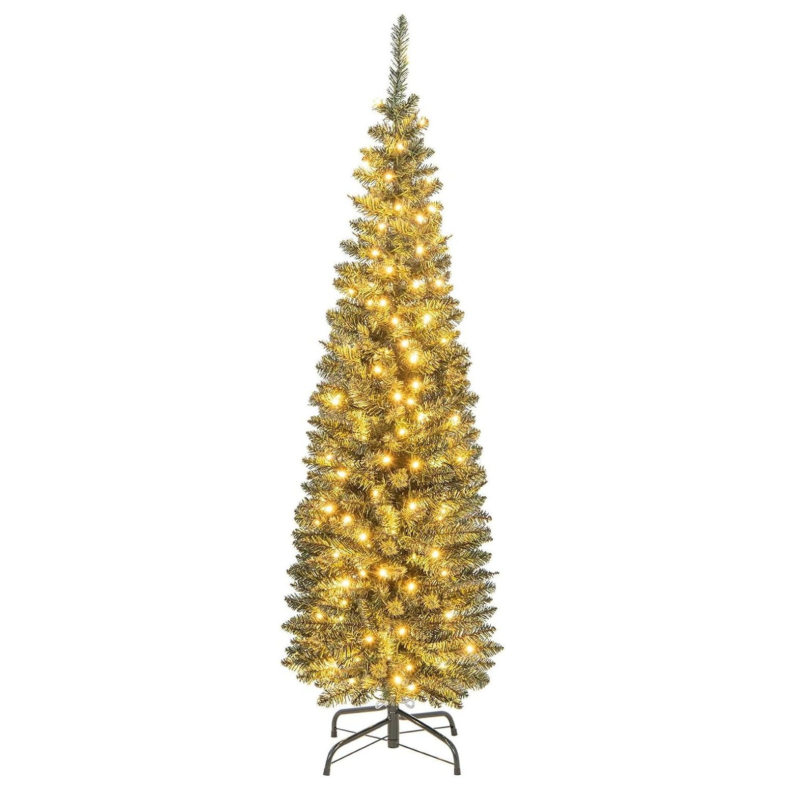 Drevy 5FT PreLit Pencil Christmas Tree, Slim Artificial Xmas Tree with Folding Metal Stand, 296