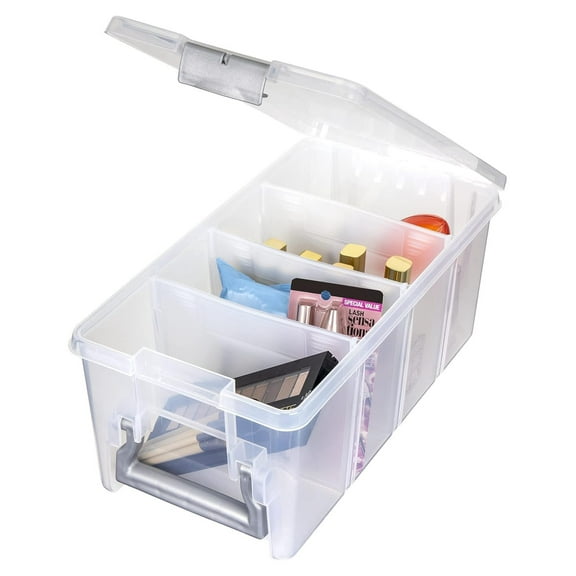 Drevy 6925ABD Semi Satchel with Removable Dividers, Stackable Home Storage Organization Container, Clear with Sliver Latches and Handle