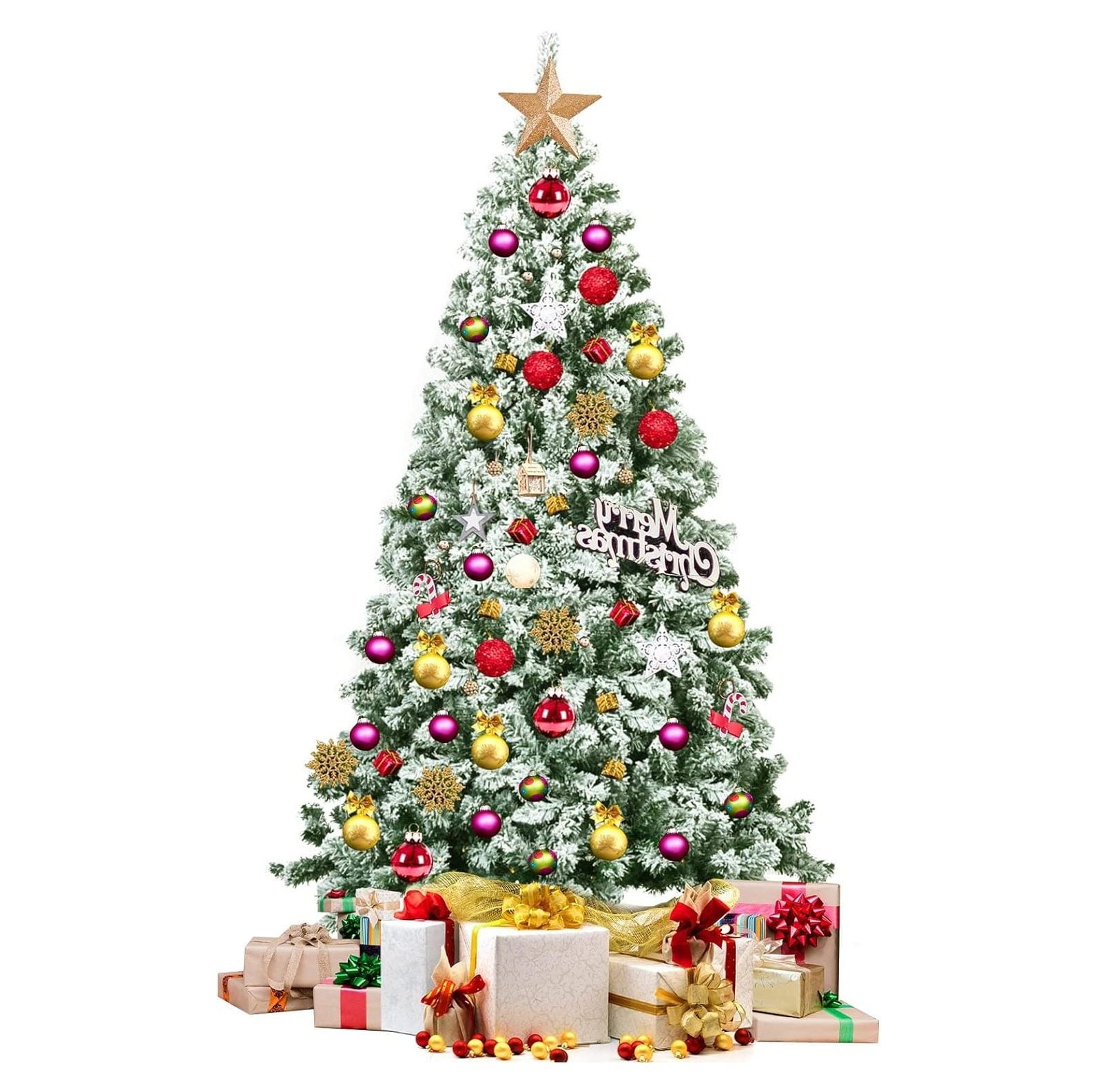 Drevy 6FT Artificial Hinged Christmas Tree Snow Flocked Pine Tree with Solid Metal Stand