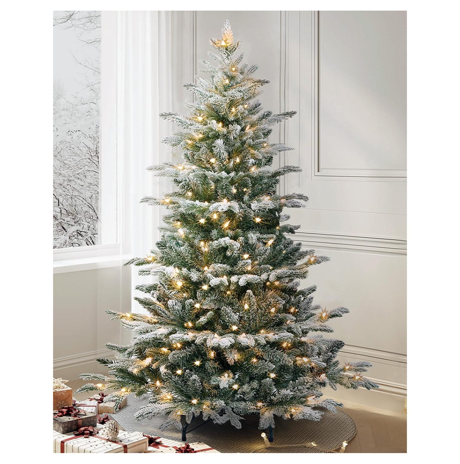 Drevy 7.5FT PreLit Flocked Aspen Fir Artificial Christmas Tree, PE