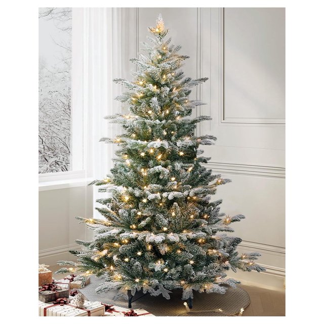 Drevy 7.5FT PreLit Flocked Aspen Fir Artificial Christmas Tree, PE & PVC 1116 Branch Tips Full
