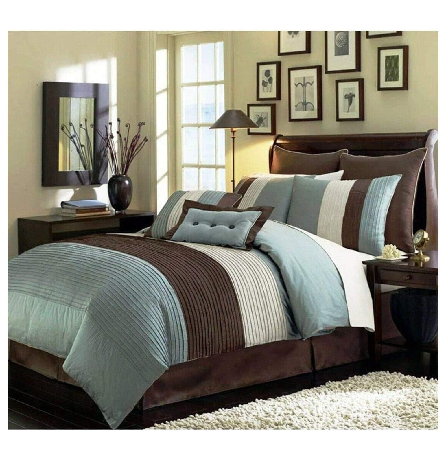 Drevy 8-Piece Blue Brown Beige Pleated Stripe Comforter Set California King Bedding Set