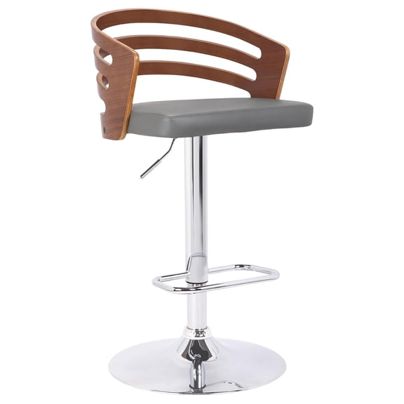 Drevy Adele Adjustable Height Swivel Grey Faux Leather and Walnut Wood Bar Stool with Chrome Base
