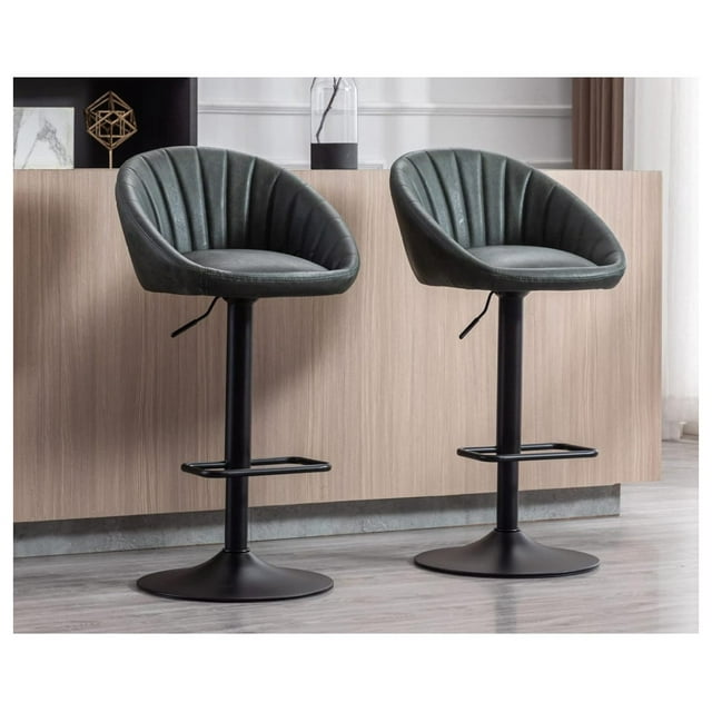 Drevy Adjustable Swivel Bar Stools Set of 2 Modern Counter Height Barstools with Low Back Leather Upholstered Kitchen Island Bar Chairs with Metal Footrest for Home Bar/Dining Room, Dark Green