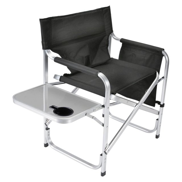 Drevy Aluminum Director Chair with Folding Tray and Cup Holder, Black