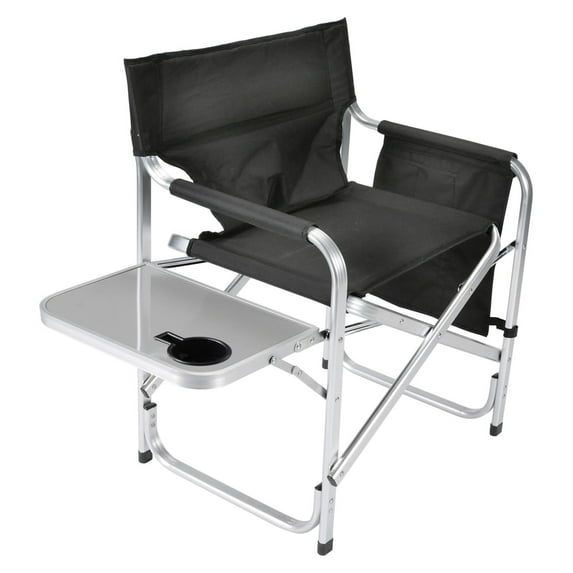 Drevy Aluminum Director Chair with Folding Tray and Cup Holder, Black