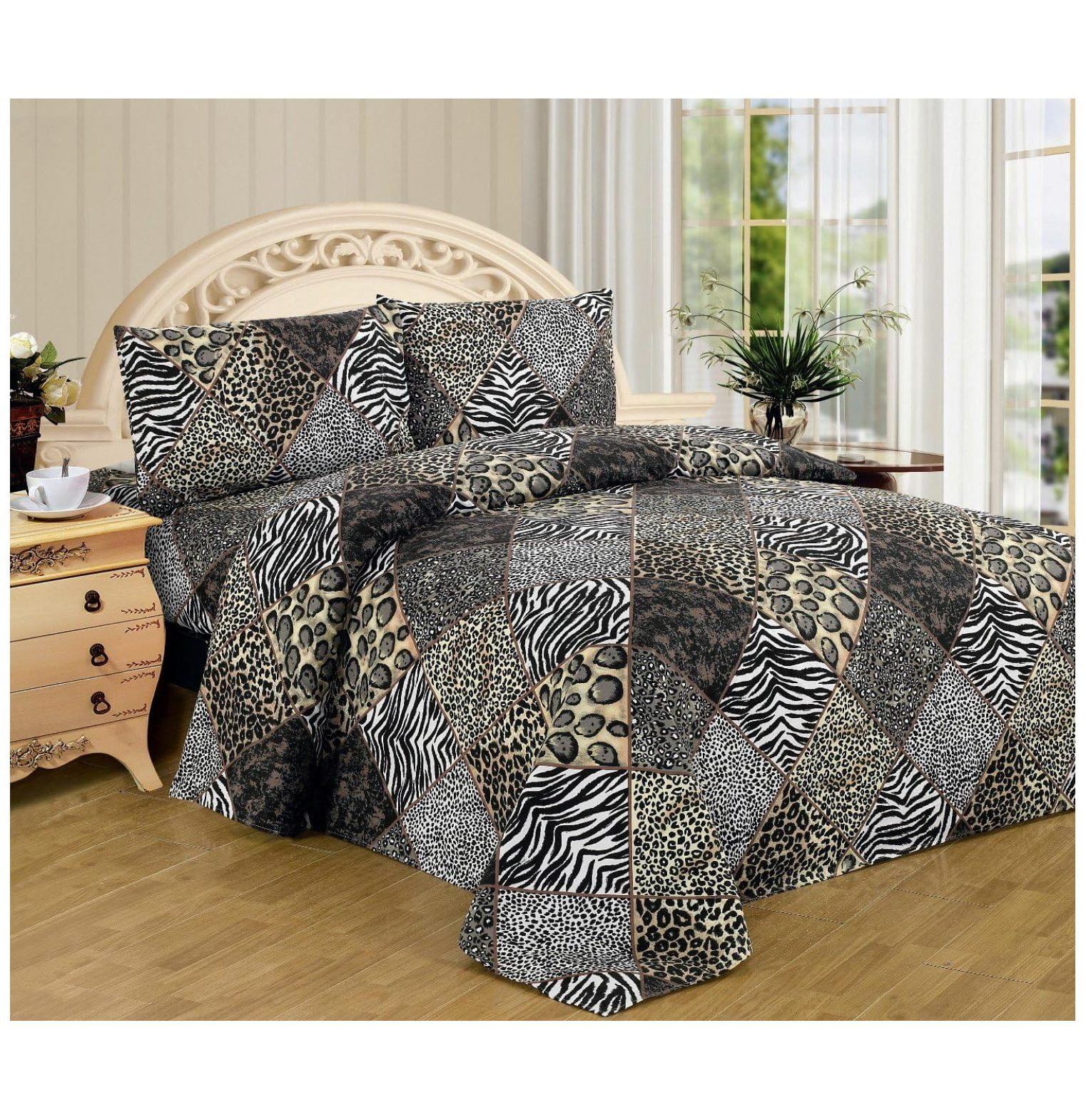 Drevy Animal Zebra Leopard Print Sheet Set 4 Piece Black White Safari Prints Flat Fitted Bed
