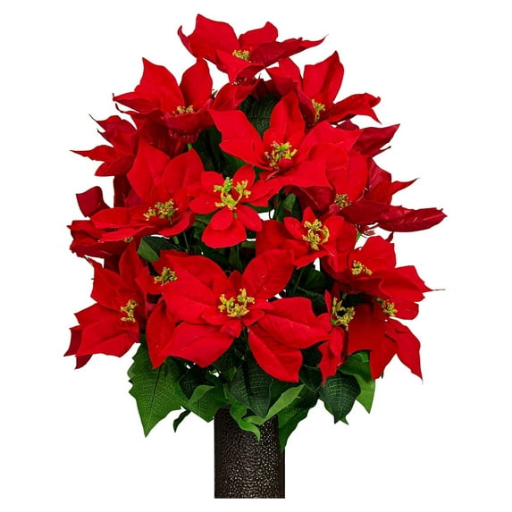 Drevy Artificial Cemetery Flowers - Christmas Grave Flowers - Christmas Red Poinsettias Bouquet for Cemetery Ground Vase