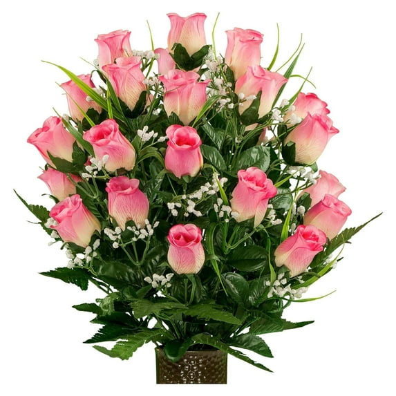Drevy Artificial Cemetery Flowers - Realistic - Outdoor Grave Decorations - Rose with Lily Grass