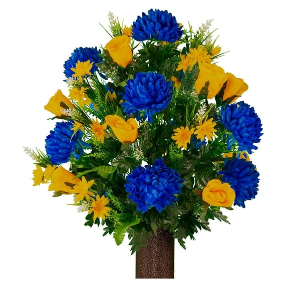 Drevy Artificial Cemetery Flowers – Realistic Vibrant Roses, Outdoor Grave Decorations - Non-Bleed Colors, and Easy Fit - 1 Blue Mum and Yellow Rose Bouquet