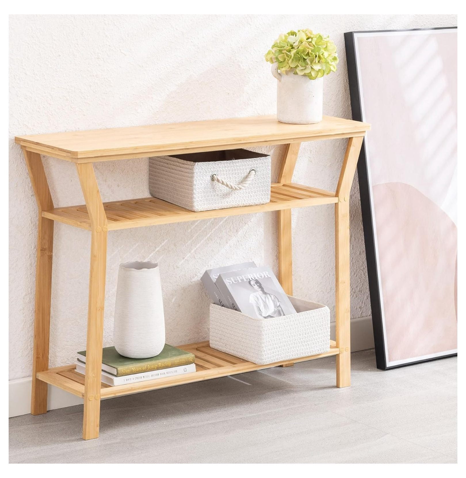 Drevy Bamboo Console Table Behind Couch, Entryway Table with Shelves, 3 ...