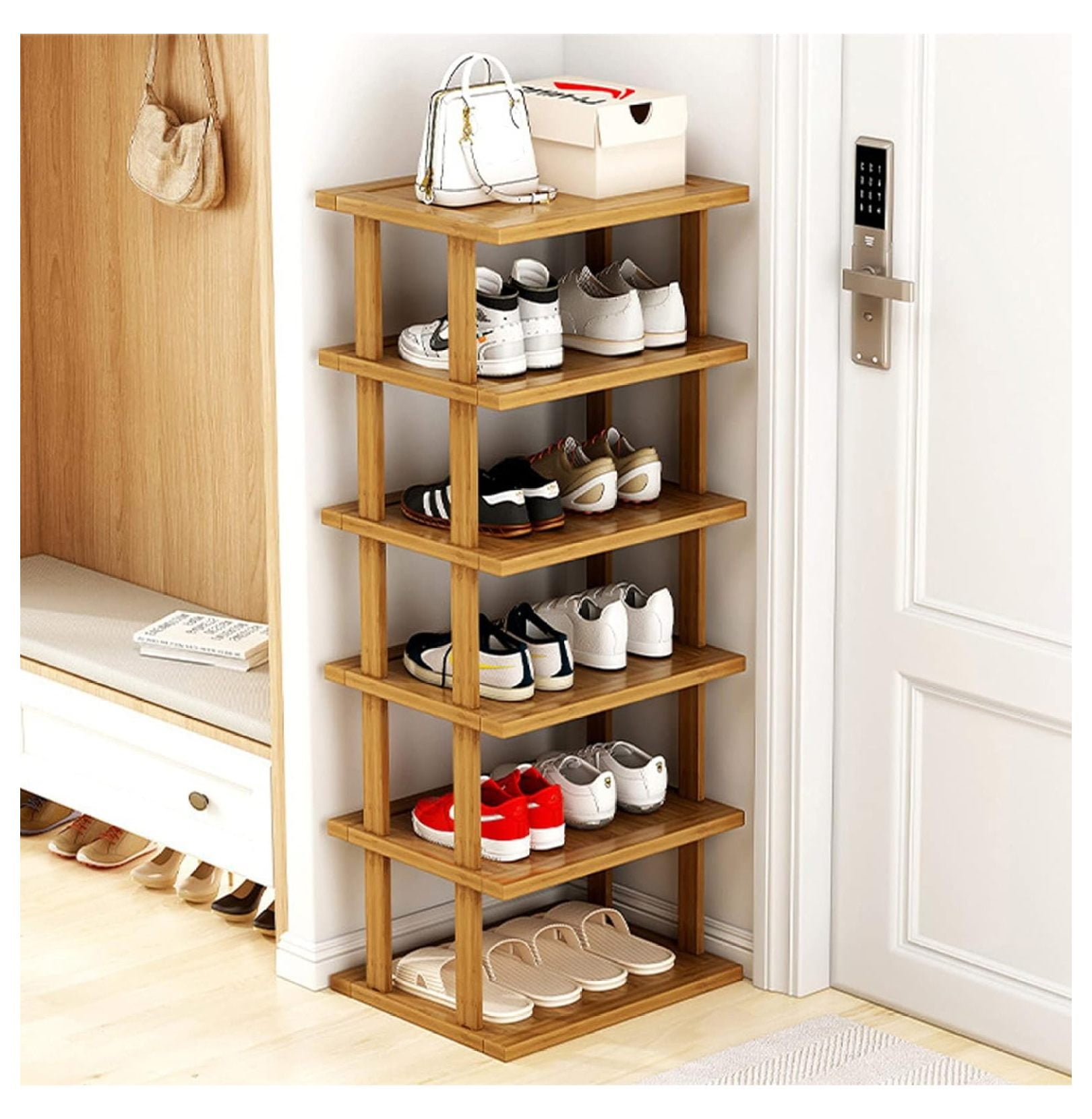 Drevy Bamboo Shoe Rack, Vertical Shoe Rack for Small Spaces, 6Tier