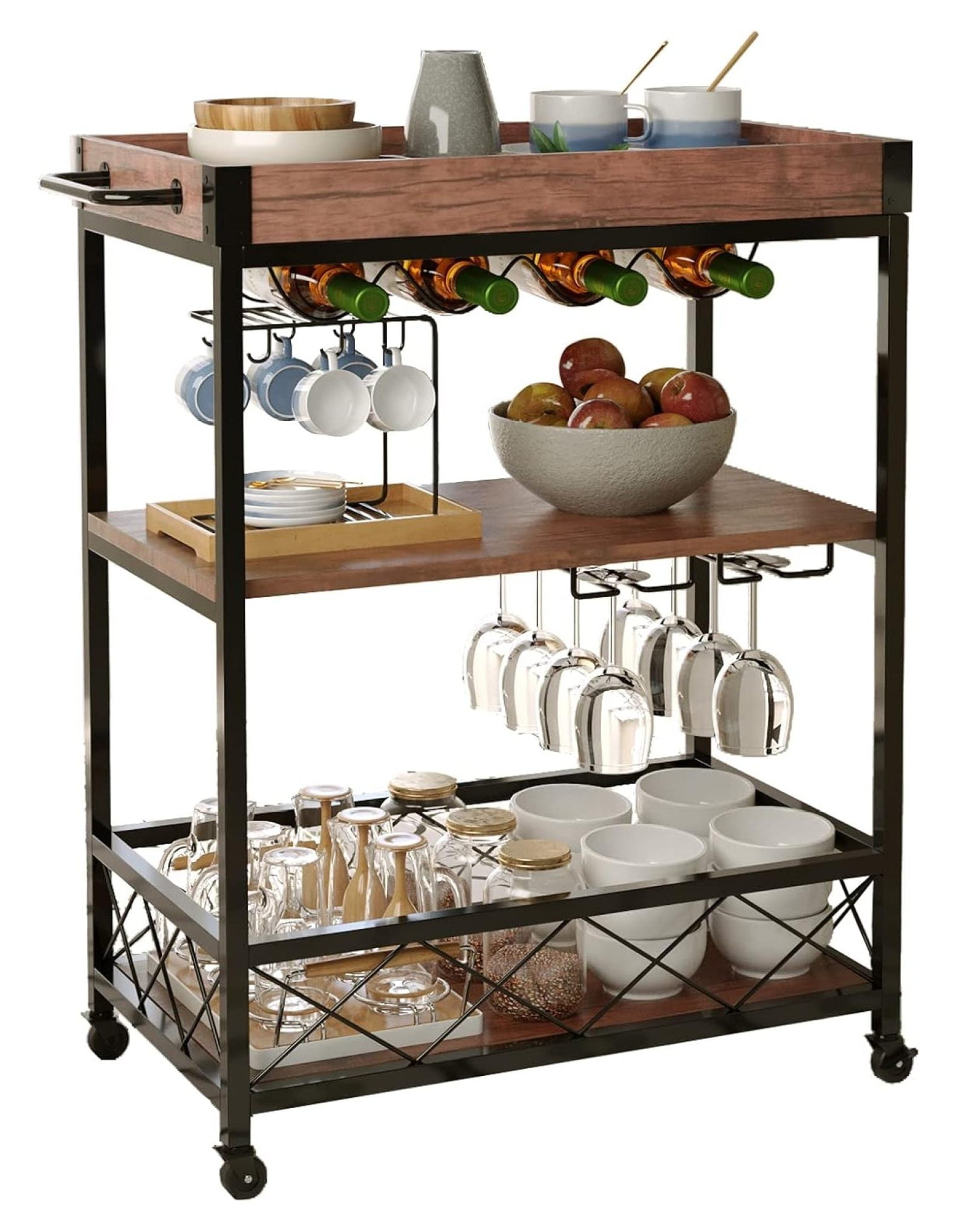 Drevy Bar Carts for Home, Rolling Bar Serving Cart with Wine Rack