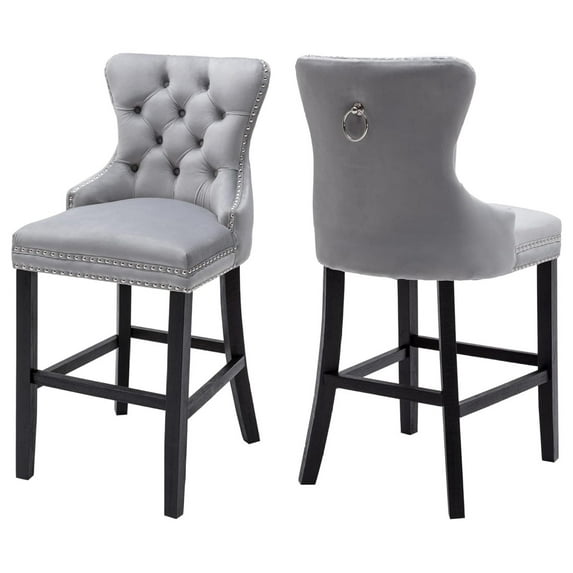 Drevy Bar Stools Set of 2, Velvet 26 Inch Seat Height Counter Height Barstools Button Tufted Backrest, Rivet Trim Bar Chairs for Kitchen Island -Century Metal Pull Ring Wood Frame Legs, Light Grey