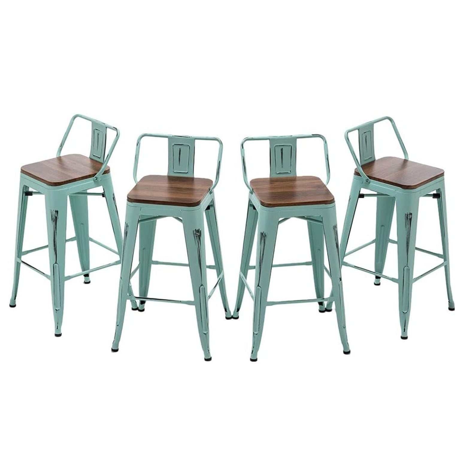 Distressed Green Blue Metal and Wood Counter Stools Set of 4