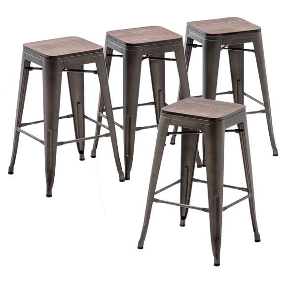 Drevy Bar Stools Set of 4 with Wooden Seat Backless Barstools Industrial Counter Height Bar Stools Stackable for Kitchen (26 inch, Bronze)