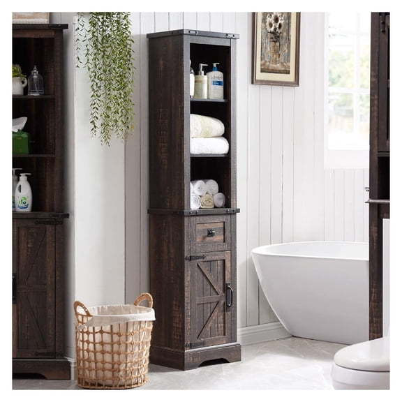Drevy Bathroom Storage Cabinet, Farmhouse Storage Cabinet with Adjustable Shelves & Storage Drawer, Tall Linen Tower for Bathroom, Living Room, Laundry Room, Dark Rustic Oak
