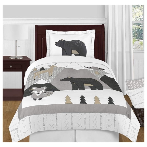 Drevy Beige, Grey and White Boho Mountain Animal Gray Woodland Forest Friends Unisex Boy or Girl Size Kid Childrens Bedding Comforter Set - 4 Pieces - Deer Bear