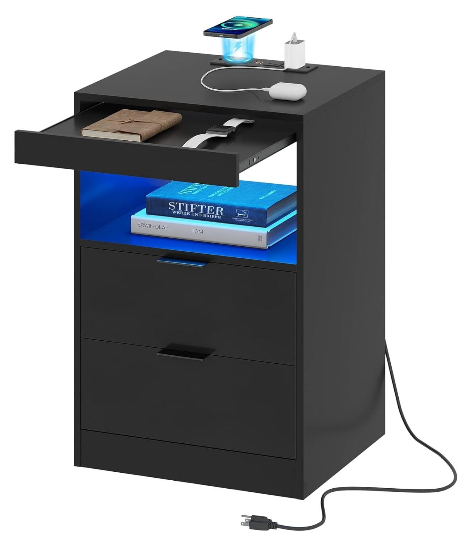 Black Nightstand with Wireless Charging, LED Lights, 2 Drawers