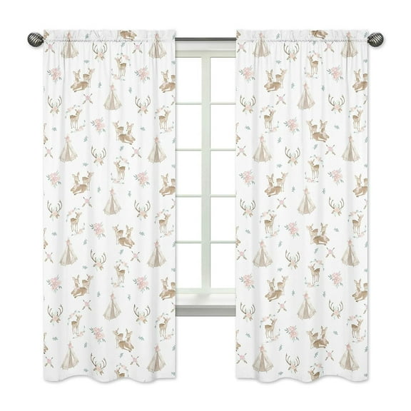 Drevy Blush , Mint Green and White Boho Window Treatment Panels Curtains for Woodland Deer Floral Collection - Set of 2