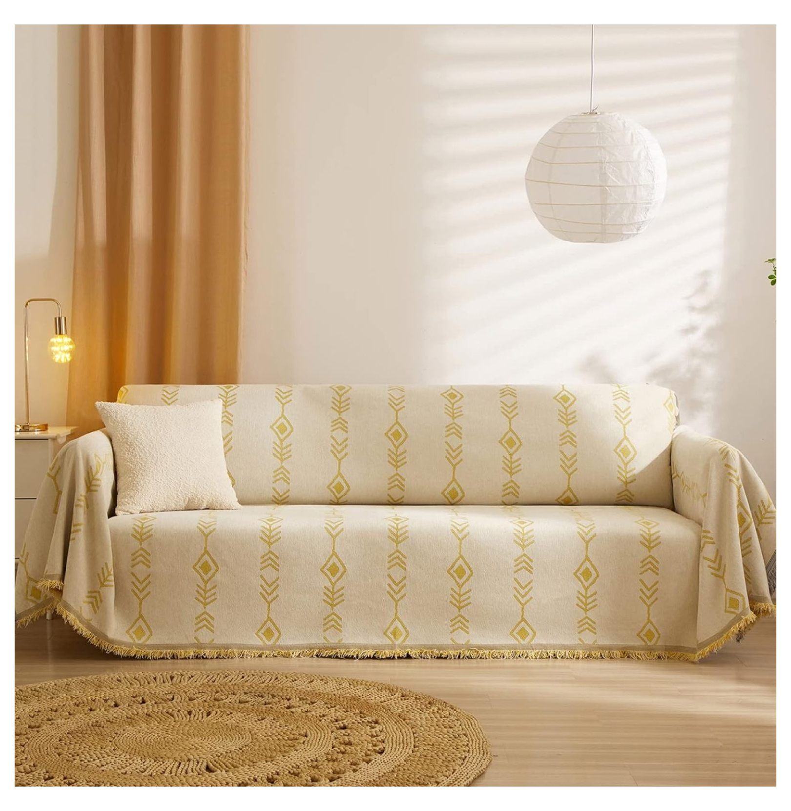 Drevy Boho Chenille Sofa Couch Cover Beige Yellow Herringbone Geometric