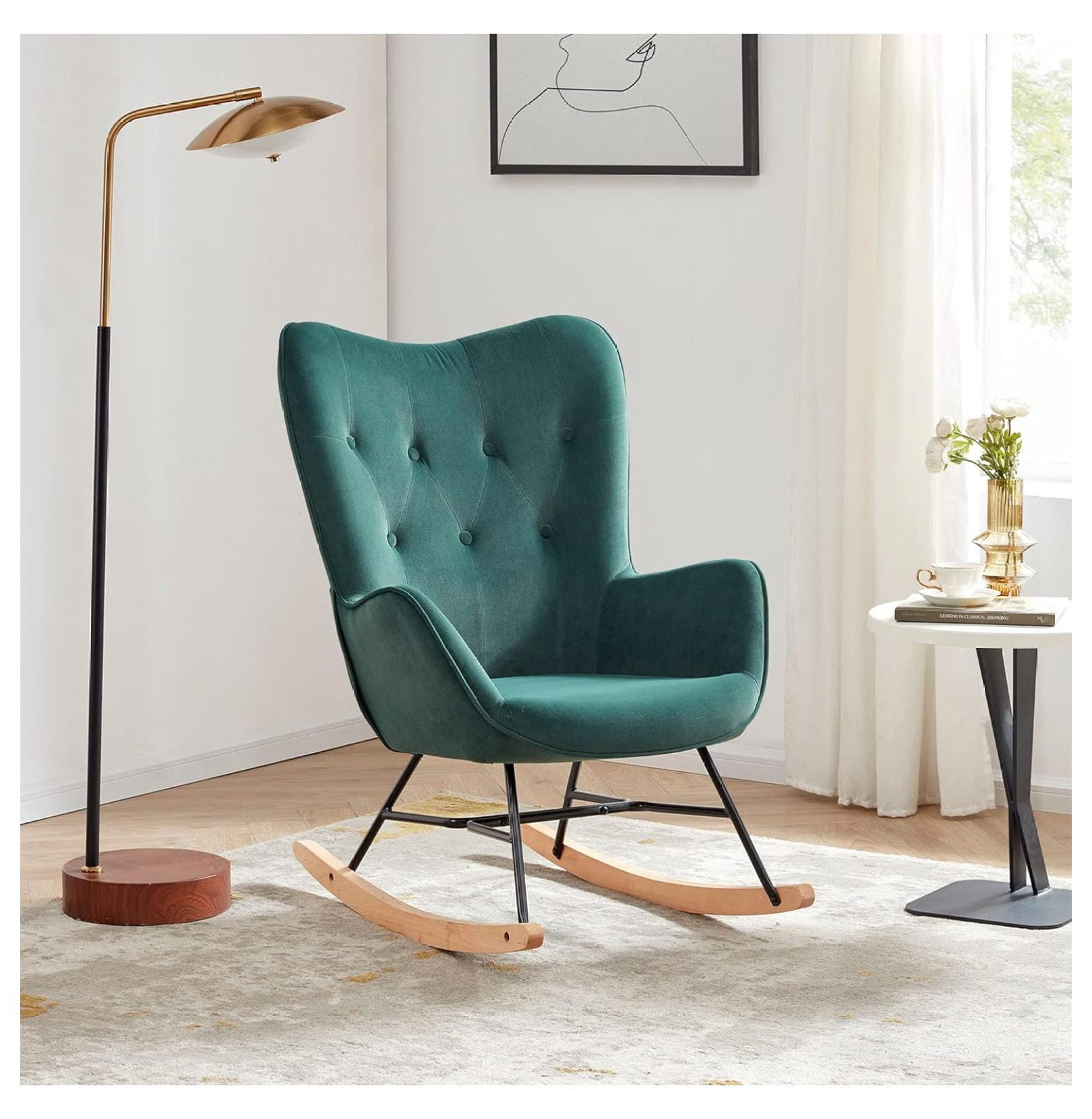 Forest Green Velvet Mid-Century Modern Rocking Chair
