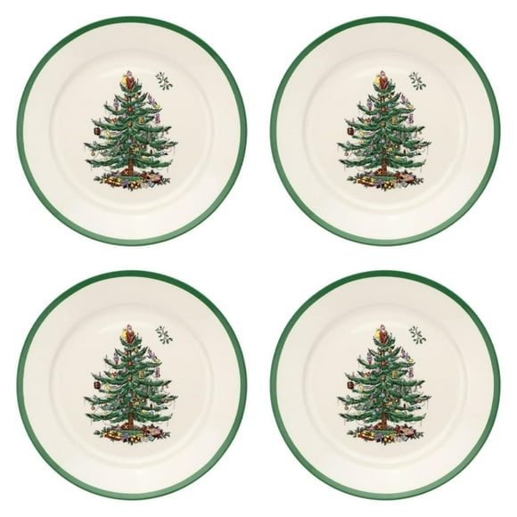 Drevy Christmas Tree Collection Luncheon Plate, set of 4, 9 Inch, Ceramic, White/Green, Pasta & Salad Plate Set, Holiday Dishes, Dishwasher and Microwave Safe