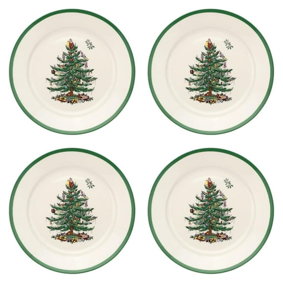 Drevy Christmas Tree Collection Luncheon Plate, set of 4, 9 Inch, Ceramic, White/Green, Pasta & Salad Plate Set, Holiday Dishes, Dishwasher and Microwave Safe