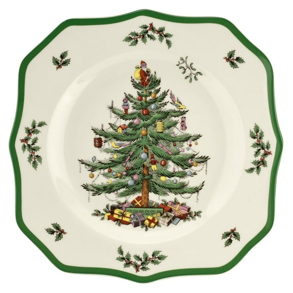 Drevy Christmas Tree Scalloped Dinner Plates Set of 4 | Christmas Dinner Dishes | Fine Earthenware | Holiday Large Plates | Dishwasher and Microwave Safe | 10.5-inch