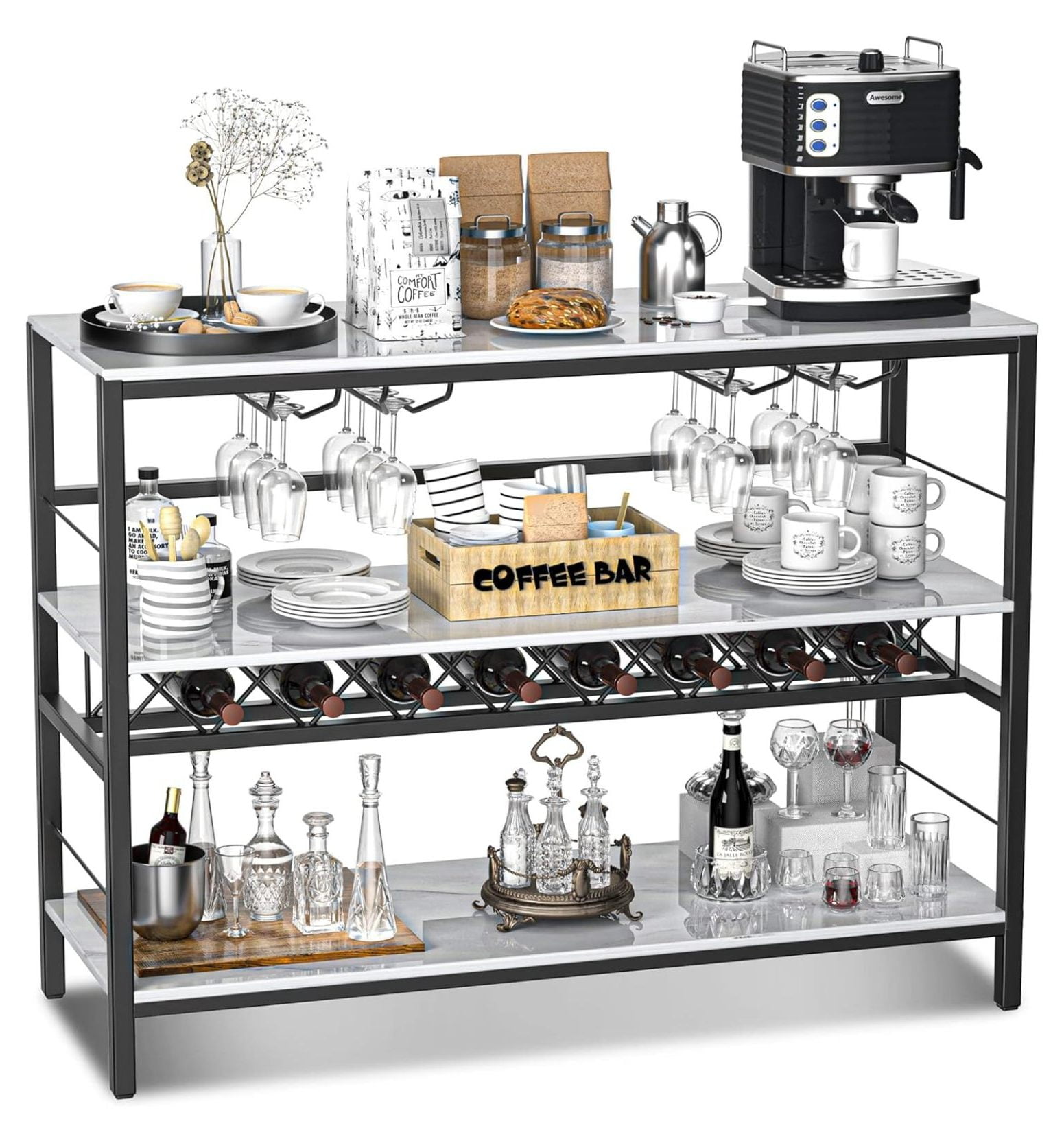 Drevy Coffee Bar Kitchen Serving Cart, Marble White, 15.80 inches x 39.40 inches x 37.40 inches