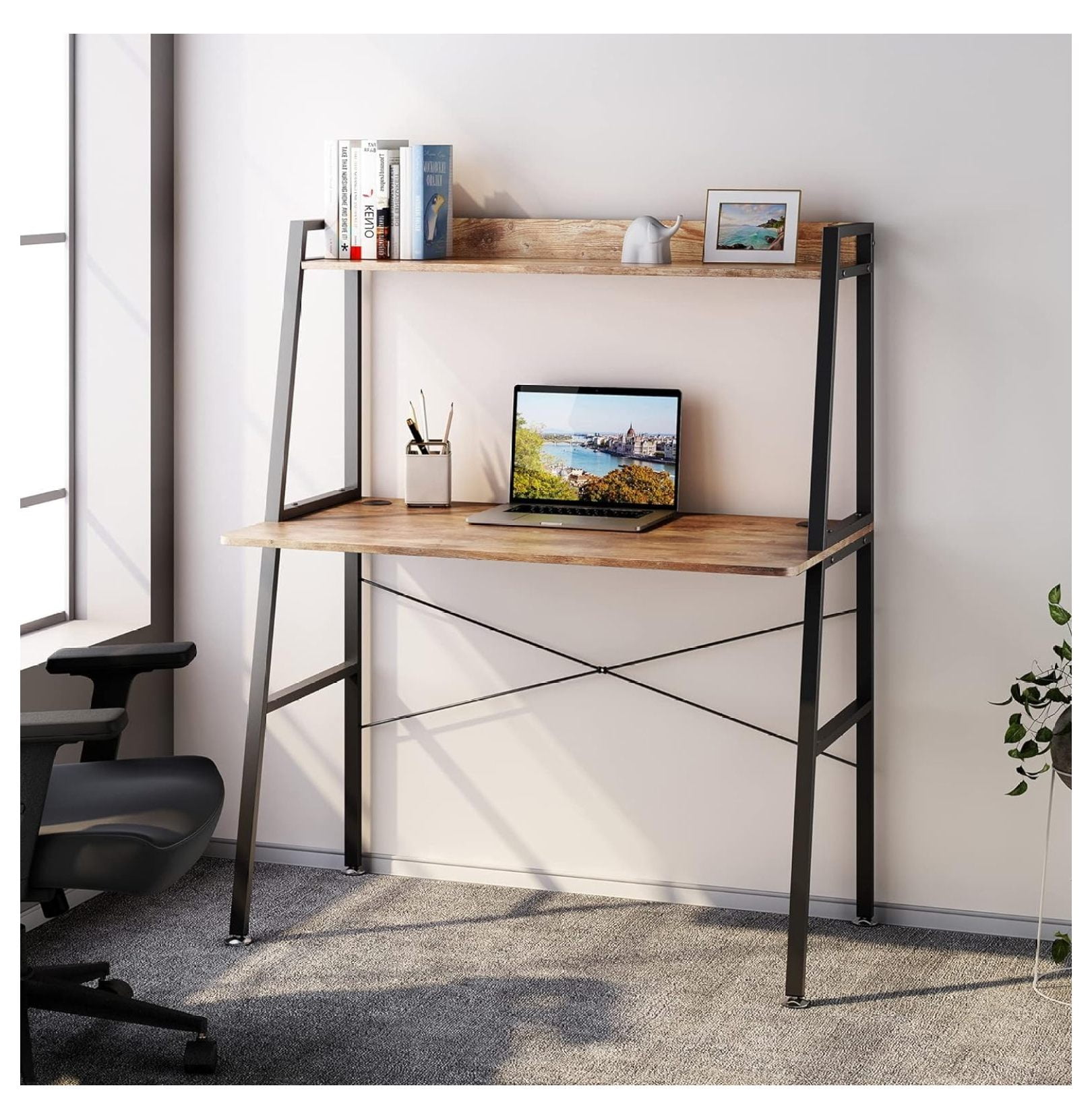 Drevy Computer Ladder Desk with Shelves, Rustic Brown 43 Inch for Small