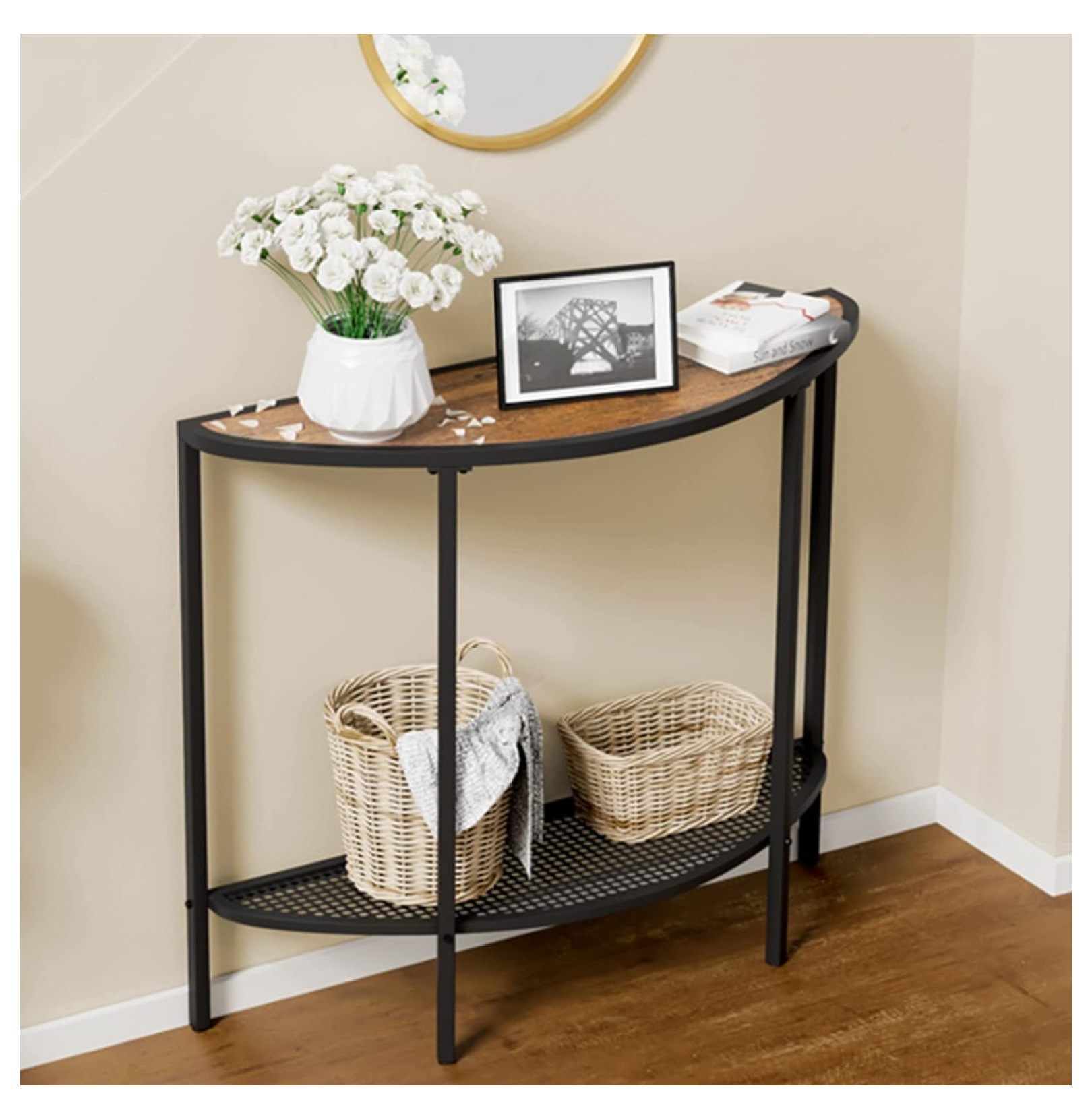 Drevy Console Table 2 Tier Narrow Entryway Table with Storage Half Moon