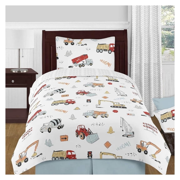 Drevy Construction Truck Boy Size Kid Childrens Bedding Comforter Set - 4 Pieces - Grey Yellow Orange Red and Blue Transportation Arrow