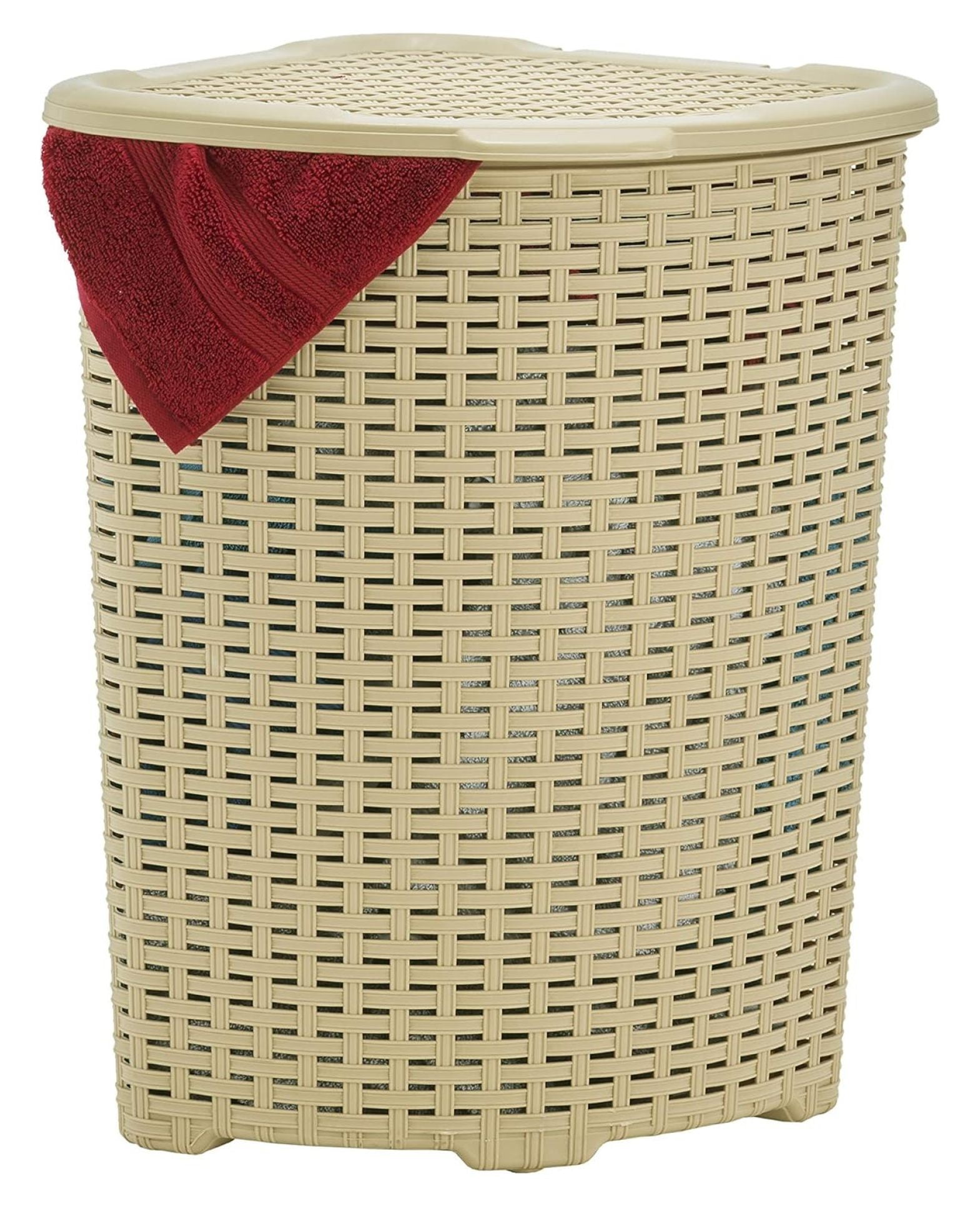 Drevy Corner Laundry Hamper Basket With Lid 50 Liter, Beige Wicker Hamper - Durable, Lightweight Bin With Cutout Handles, Storage Dirty Cloths, Space Saver Curved Shape Design