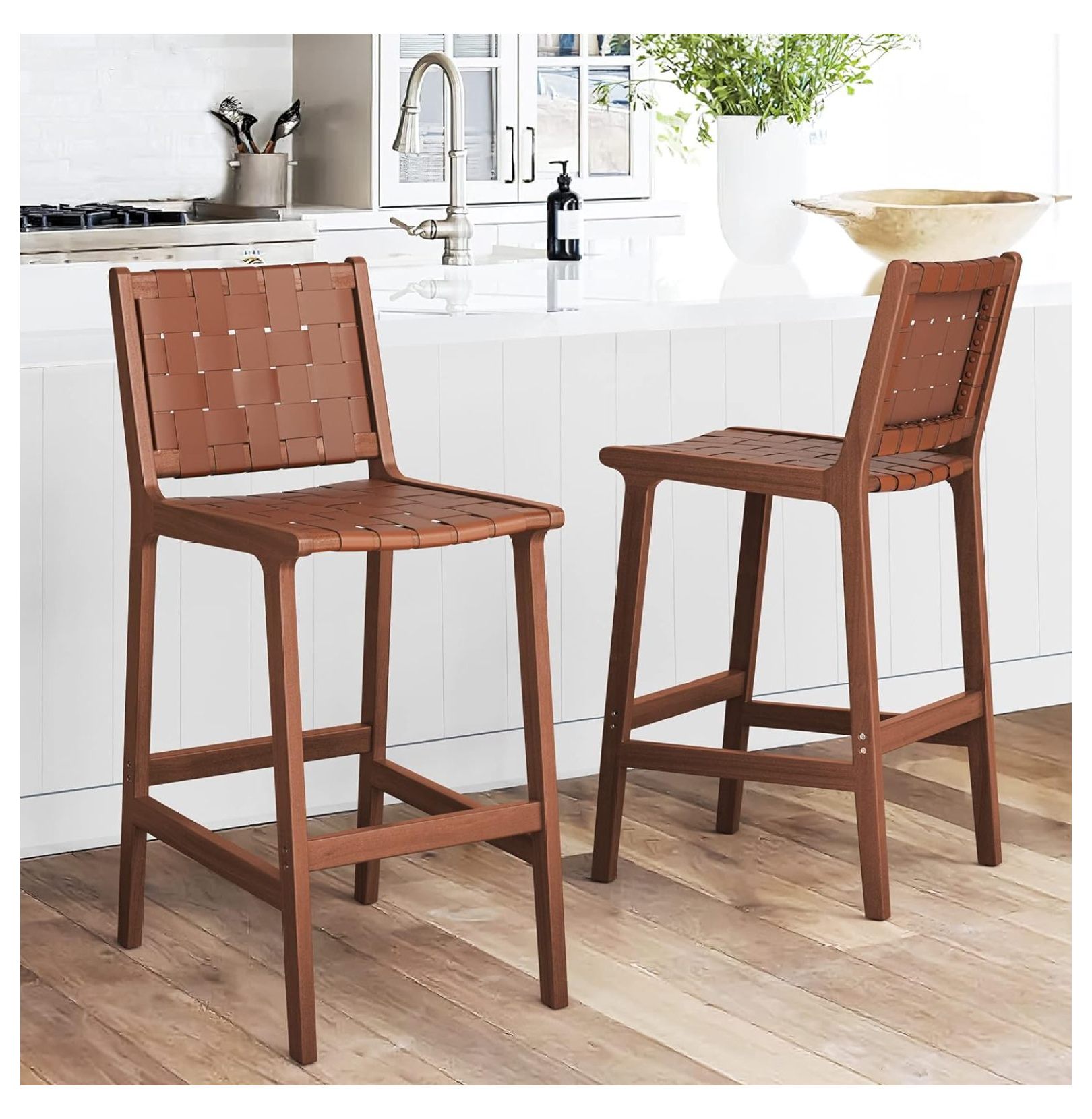 Drevy Counter Height Bar Stools 26inch, Set of 2 Faux Leather Woven