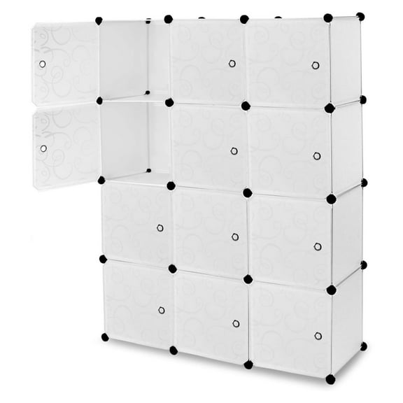 Drevy Cube Storage Organizer - 12 Cubes | Stackable Portable Closet Organizer Shelves, Modular Cabinet with Doors and Hammer, Translucent White, 56" W x 42" H x 14" D