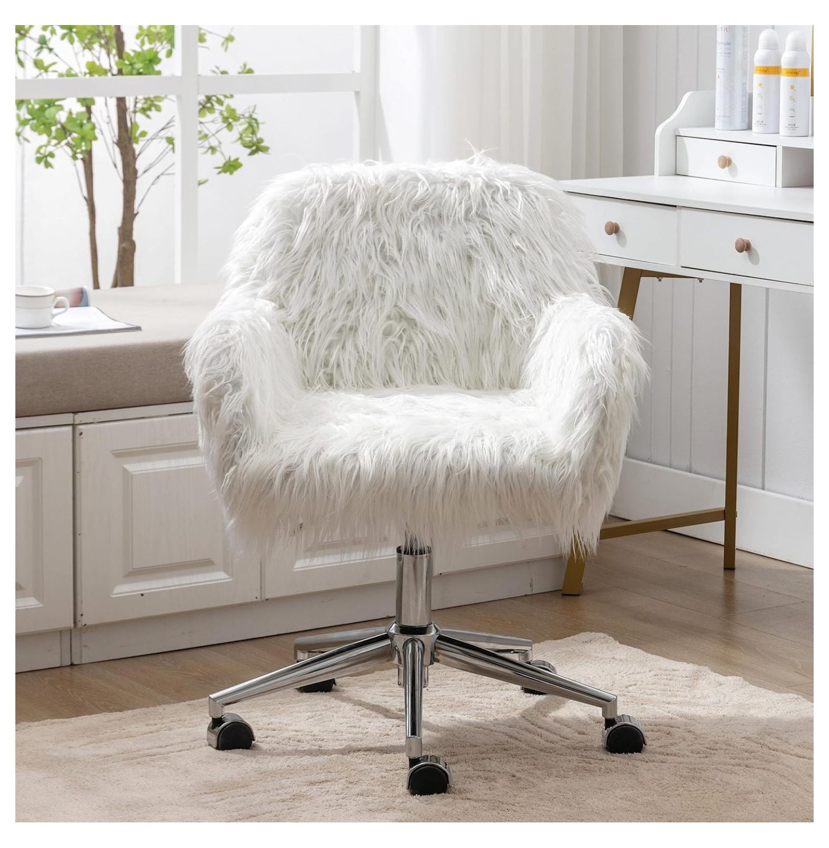 Drevy Cute White Fluffy Desk Chair for Girls Women, Comfy Modern Faux