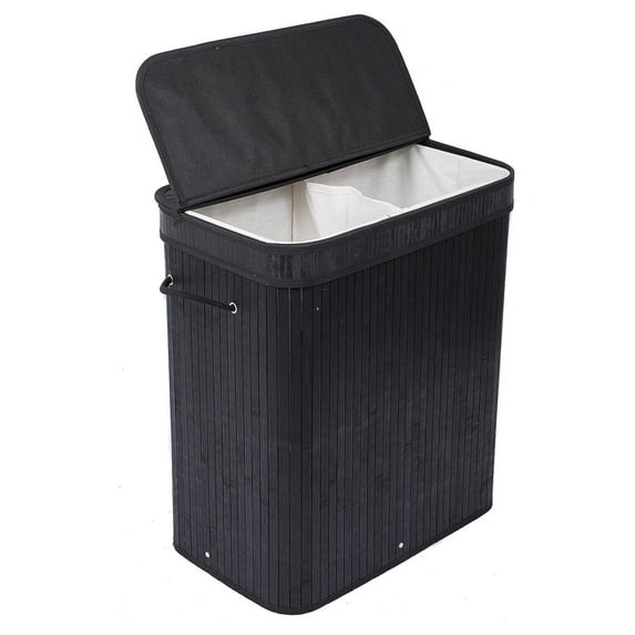 Drevy Double Laundry Hamper with Lid and Cloth Liner - Bamboo - Black - Easily Transport Laundry Basket - 2 Section Collapsible Hamper - String Handles