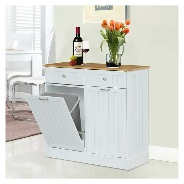 Drevy Double Tilt Out Trash Wooden Kitchen Trash Bin, Free Standing Trash Can
