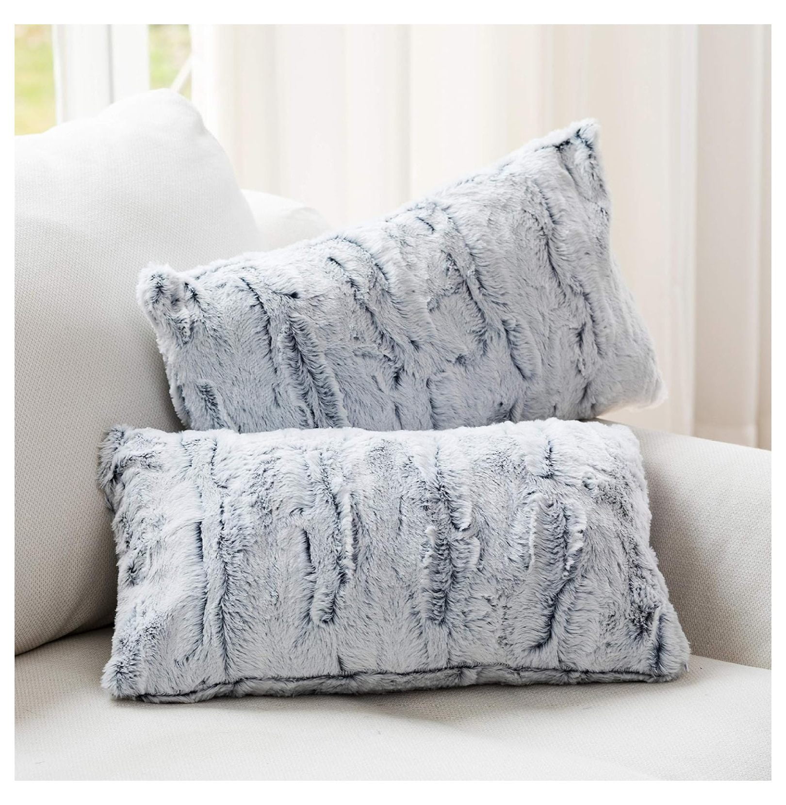 Drevy Embossed Faux Fur Throw Pillows - Set of 2 Lumbar Couch Pillows, 12" x 20" - White/Blue